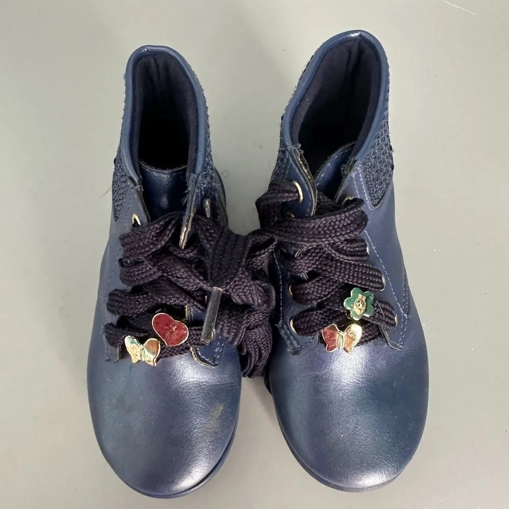 Pablosky Girls Metallic Navy‎ Blue Sequin Lace Up Ankle Boots Butterfly Charms